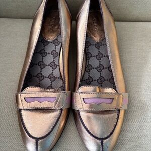 Gucci Metallic Vintage Gold Leather Loafers with Pink Accent